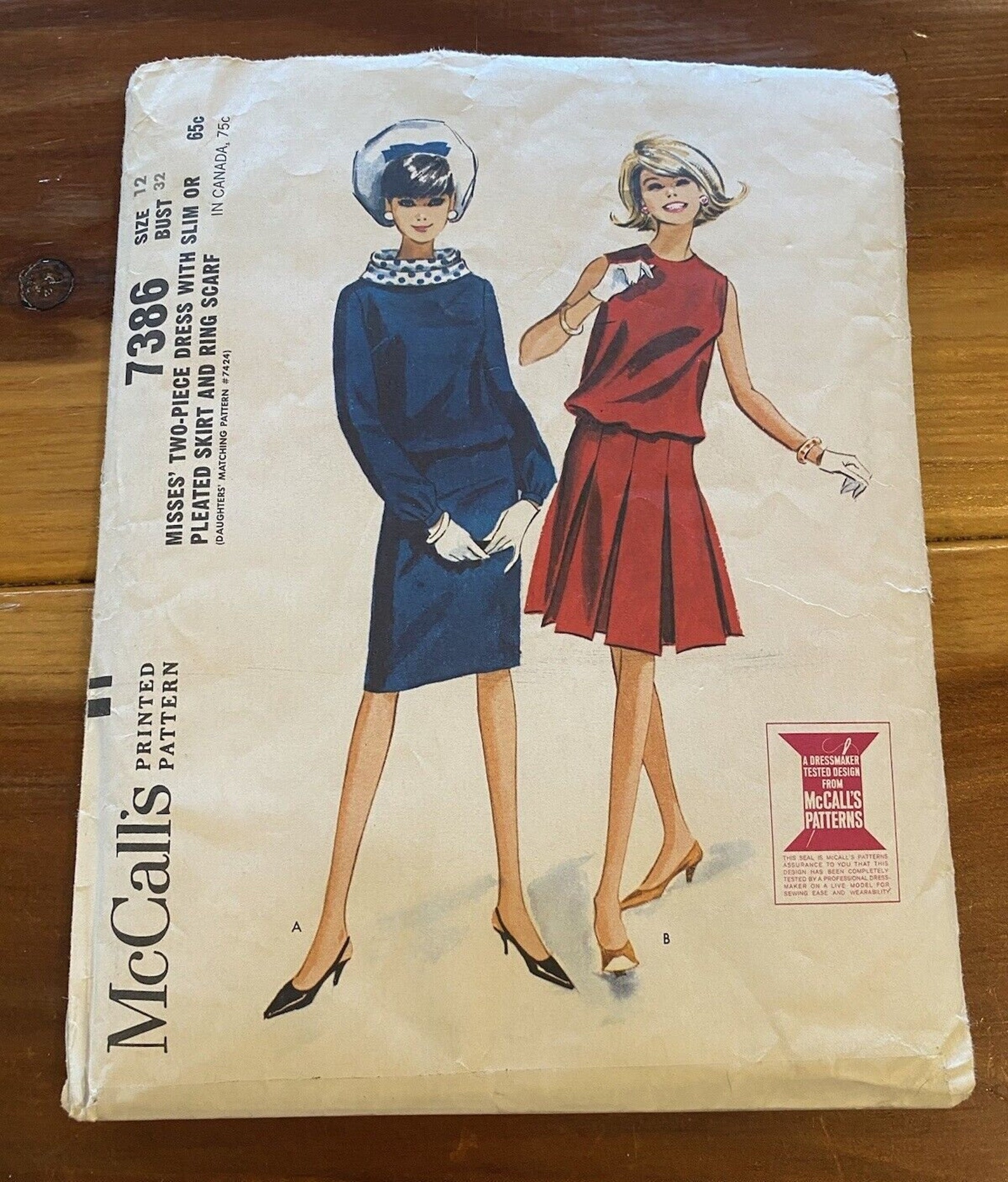 Vintage 1964 Mccall's 7386 Sewing Pattern Misses 2 Pc Dress, Skirt