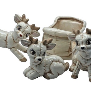 Vintage Ceramic Reindeer Quilted Look Christmas Figurines and Sleigh Set of 4