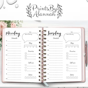 May include: A printable planner page with a floral design. The page is divided into two sections, one for Monday and one for Tuesday. Each section includes space for a schedule, priorities, self-care, and water intake.