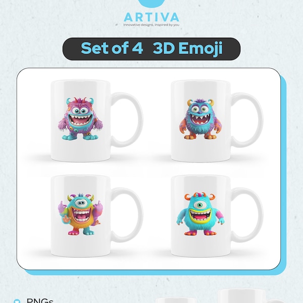 Emoji Extravaganza! 4 Happy, Surprised & Excited Faces for Fun Mugs (11oz, 15oz) 3D Digital Download