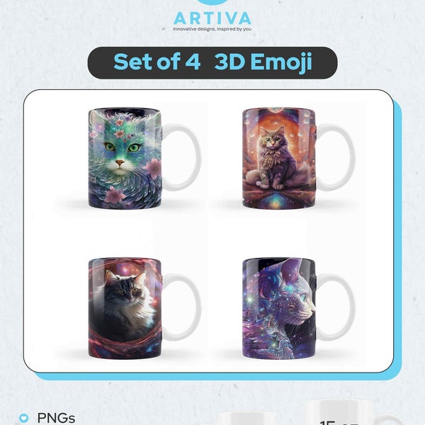 Fractal Feline Dreams: Set of 4 Photorealistic Space Odyssey Mugs