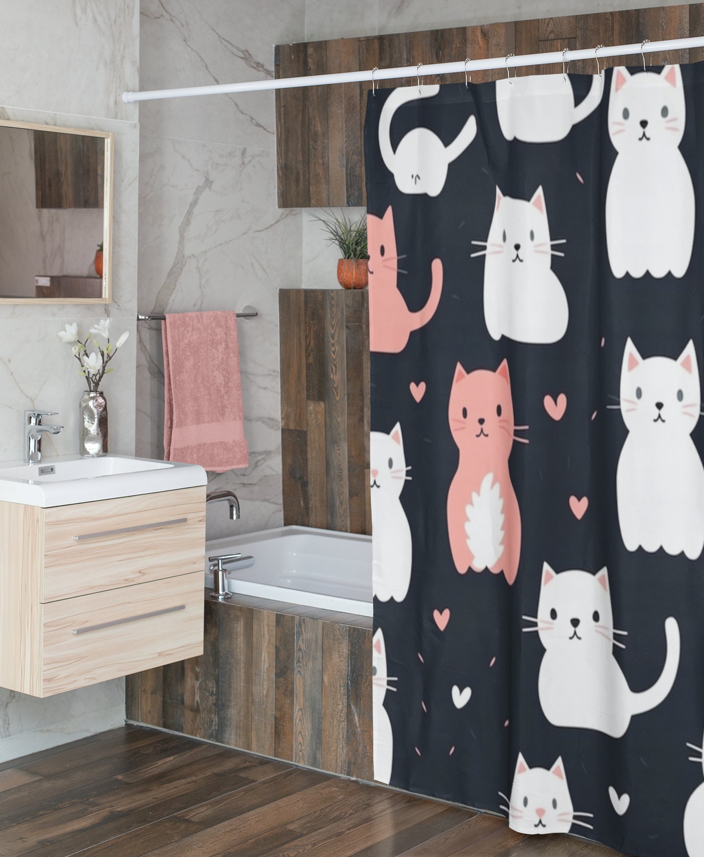 Cat Shower Curtains Home Decor Bathroom Decor White and Pink Cats - Etsy