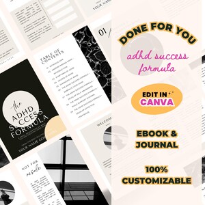 Może przedstawiać: Cyfrowy planer z czarno-białym wzorem z tekstem "The ADHD Success Formula". Planer jest konfigurowalny i można go edytować w Canva. Tekst "Done for You" znajduje się w różowym i czarnym kółku. Tekst "Ebook & Journal" znajduje się w różowym i czarnym prostokącie. Tekst "100% Customizable" znajduje się w zielonym i czarnym prostokącie.