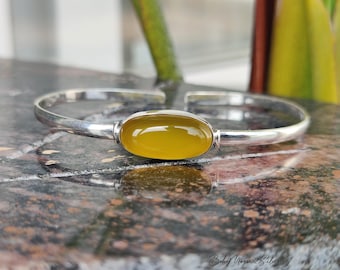 Yellow Agate Bangle: Natural Silver Gemstone Bracelet, Handmade Adjustable Bangle