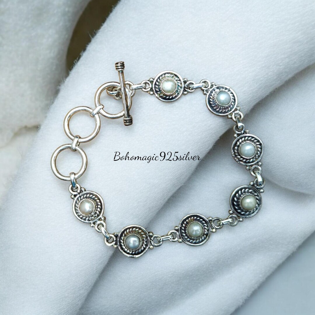 Handmade Sterling Silver Pearl Bracelet - Adjustable Gemstone