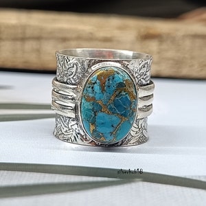 Blue Copper Turquoise 925 Sterling Silver Wide Band Ring