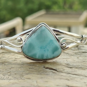 Genuine Larimar Gemstone Bangle | 925 Silver Bangle | Big Larimar Bracelet Bangle | Adjustable Gemstone Cuff Bangle | Larimar Gift  Jewelry