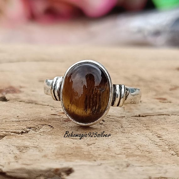Silver Minimalist Tiger's Eye Ring, Sterling Silver Ring
