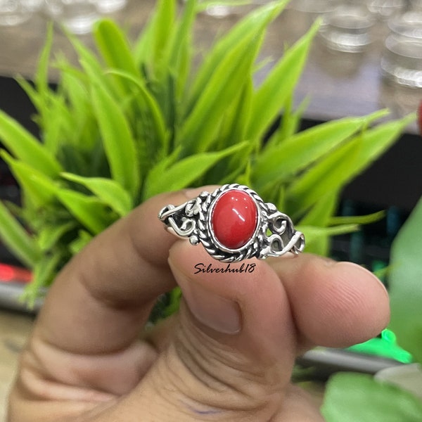 Red Coral Ring, Oval Designer Ring, Dainty Ring, 925 Sterling Silver Ring, Gift for Her, April Birthstone Ring, Promise Ring, Gemstone Ring