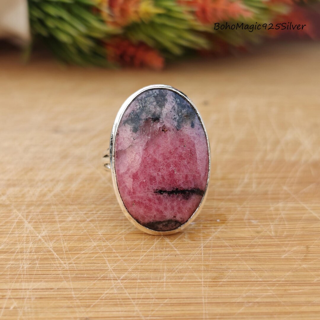 Handmade Rhodonite Ring: Oval Gemstone, 925 Sterling Silver Band - Etsy