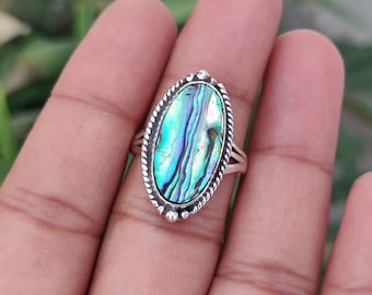 Handmade Abalone Ring | Sterling Silver Oval Sea Shell Statement Ring | Modern Rope Frame Finger Band | Boho Artisan Jewelry