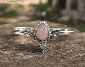 Rose Quartz Sterling Silver Bangle, Teardrop Open Cuff Bracelet, Handmade Bohemian Jewelry, Artisan Gift For Wife