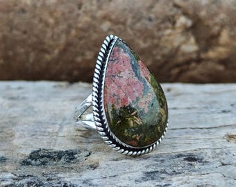 Handmade Pear Unakite Ring: Sterling Silver Promise Ring