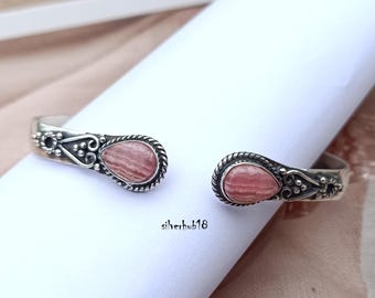 Handmade Rhodochrosite Bangle: 925 Sterling Silver Adjustable Gemstone Bracelet