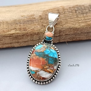 Handmade Oyster Copper Turquoise 925 Sterling Silver Pendant