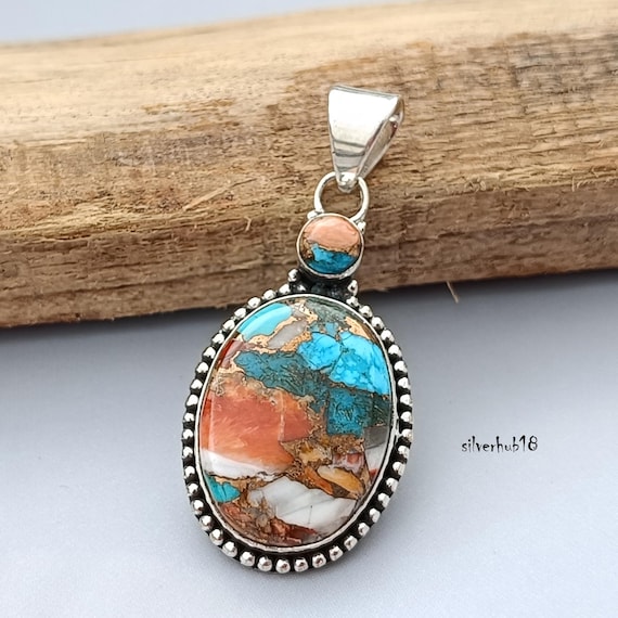 Handmade Oyster Copper Turquoise 925 Sterling Silver Pendant