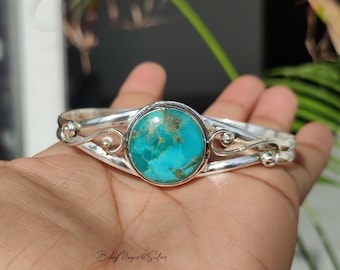 Round Kingman Turquoise Bangle Bracelet, 925 Sterling Silver Gemstone Boho Jewelry For Women