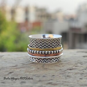 Wave Design Band Spinner Ring | Unique Printed Band Silver Ring | Worry Ring | Meditation Spin Ring | 5 Tone Ring | Perfect Birthday Gift