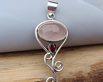 Handmade Rose Quartz Pendant: Sterling Silver Garnet Gemstone Necklace
