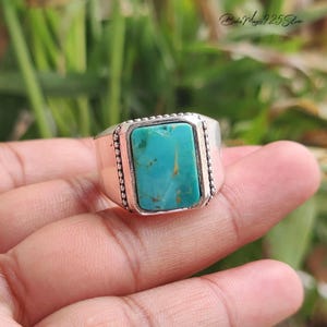 Kingman Turquoise Ring, Sterling Silver Handmade Band, Rectangle Gemstone Signet Ring,  Western Unisex Jewelry, Unique Gift For Him