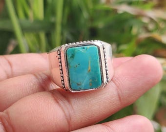 Kingman Turquoise Ring, Sterling Silver Handmade Band, Rectangle Gemstone Signet Ring,  Western Unisex Jewelry, Unique Gift For Him