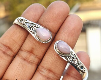 Handmade Pink Opal Cuff Bangle: 925 Sterling Silver Adjustable Bracelet