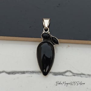 Pure Black Onyx Pendant~ Silver Pendant~ Three Black Onyx Gemstone Necklace~ Pear Shape Women Pendant~ Handmade Pendant~ Gift For Christmas