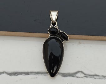 Handmade Black Onyx 925 Sterling Silver Pear Pendant