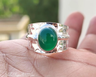 Handmade Green Onyx Sterling Silver Ring: Wide Band Statement Jewelry