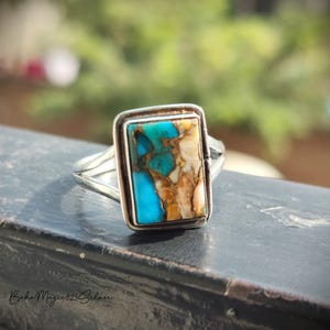 Genuine Oyster Copper Turquoise Ring, 925 Silver Gemstone Ring, Handmade Ring, Silver Band Gift Ring, Rectangle Shape Oyster Turquoise Ring