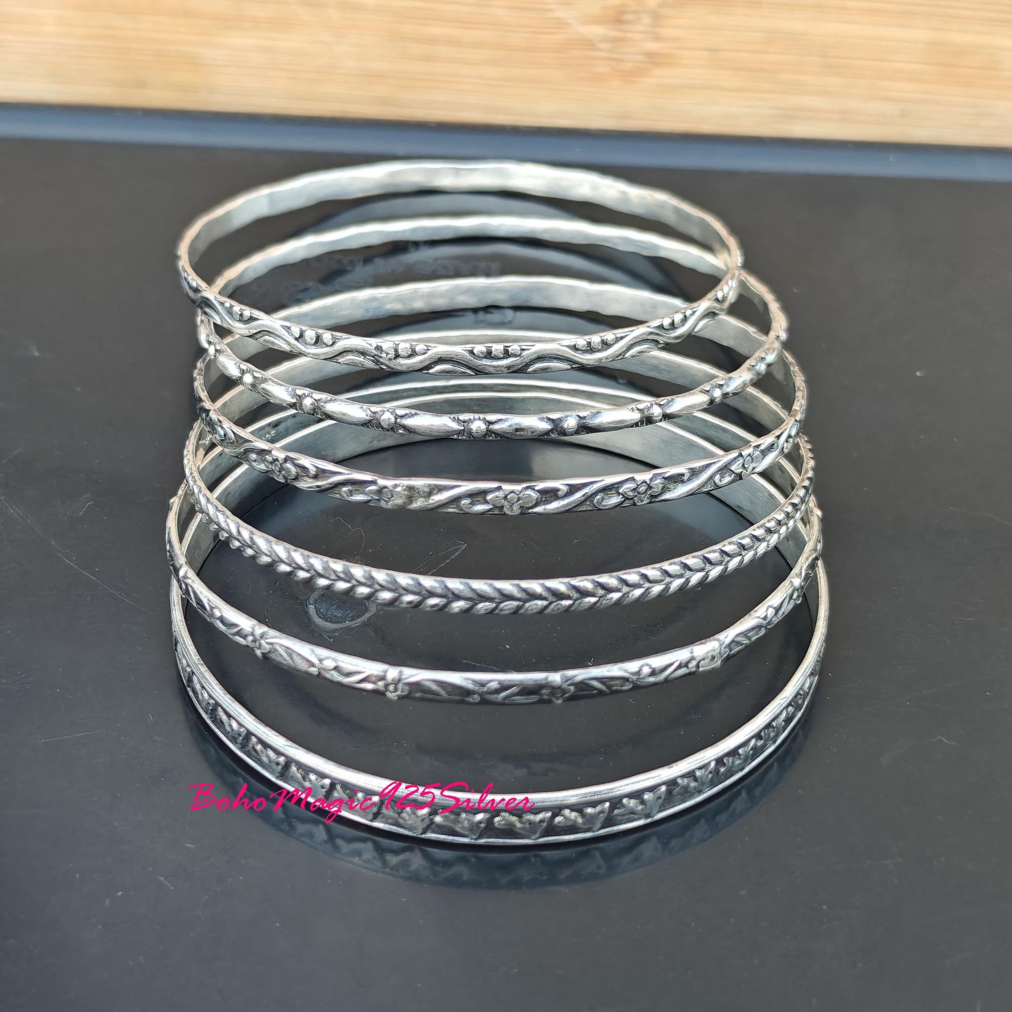 Handmade Sterling Silver Bangle Set: Etched Boho Stacking