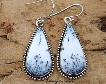 Dendritic Agate Earring-925 Sterling Silver-Dendritic Jewelry-Handmade Earring-Gemstone Earring-Stud Earring-Women Ear Silver Jewelry***