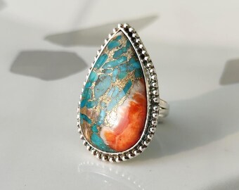 Handmade Oyster Copper Turquoise Ring: Teardrop Sterling Silver Ring, Dainty Boho Jewelry