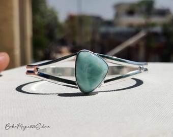 Handmade Larimar Gemstone Bangle: Adjustable 925 Sterling Silver Jewelry