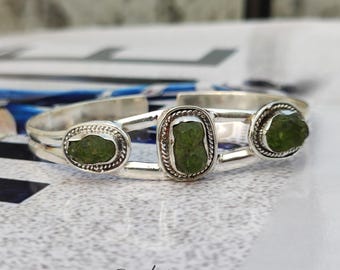 Raw Moldavite Bangle: Handmade 925 Sterling Silver Boho Bracelet