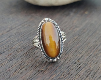 Natural Tiger's Eye Ring, 925 Sterling Silver Jewelry, Large Oval Gemstone Ring, Vintage Style Statement Band, Gift For Birthday