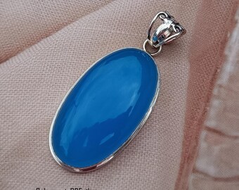 Handmade Blue Chalcedony 925 Sterling Silver Oval Pendant