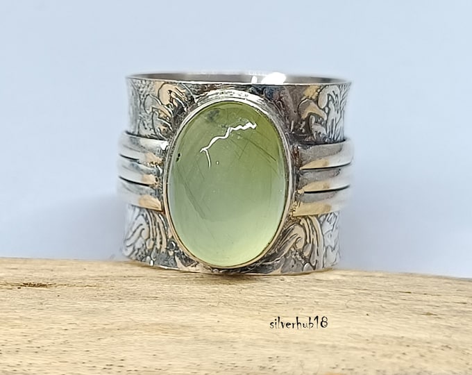 Handmade Prehnite Ring: Chunky 925 Sterling Silver Wide Band