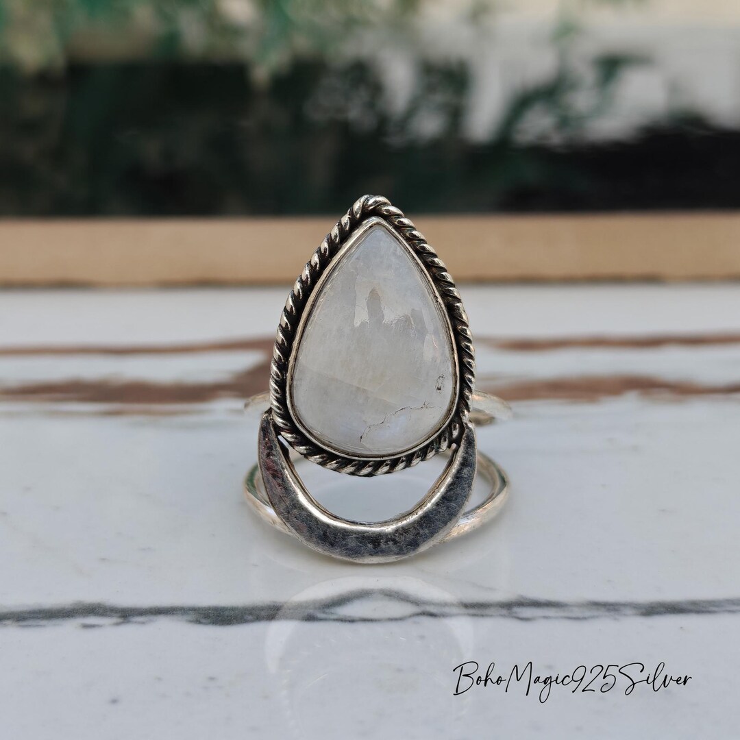 Moonstone Gemstone Ring, Moon Shape Designer Ring, 925 Sterling Silver ...