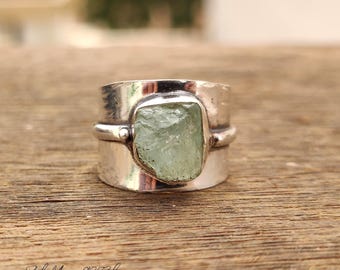 Raw Aquamarine Sterling Silver Ring: Dainty Gemstone Band