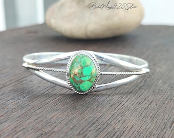 Green Copper Turquoise Bangle, 925 Sterling Silver Gemstone Jewelry, Statement Open Cuff, Delicate Twisted Wired Cuff Bracelet