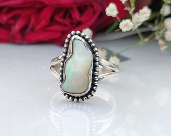 Genuine Raw Ethiopian Opal Gemstone Ring, Handcrafted Sterling Silver Jewelry, Anniversary Gifts