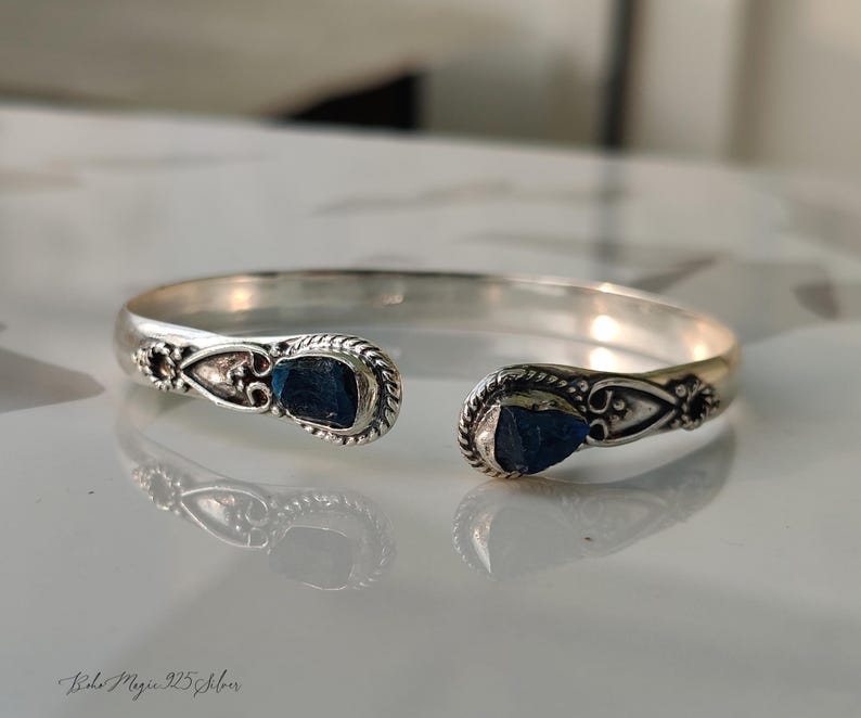 Pulsera de aguamarina cruda en plata de ley 925 - Pulsera de piedras preciosas hecha a mano imagen 16