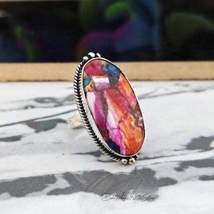 Pink Oyster Turquoise Gemstone Ring/ Sterling Silver Ring/ Oval Stone Ring/ Multi Color Ring/ Dainty Silver Band Ring/ Handmade Women Ring