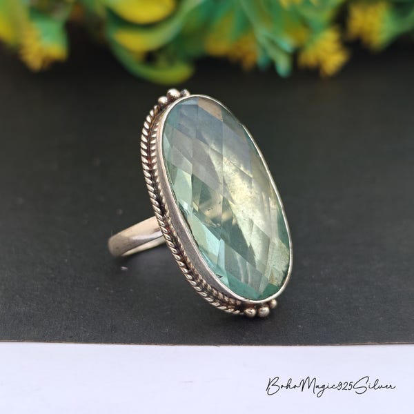 Anillo de plata de ley con aguamarina hecho a mano: Joyería de piedras preciosas para mujer