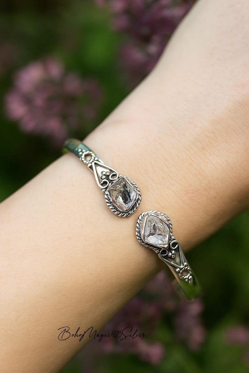 Pulsera de aguamarina cruda en plata de ley 925 - Pulsera de piedras preciosas hecha a mano Herkimer Diamond