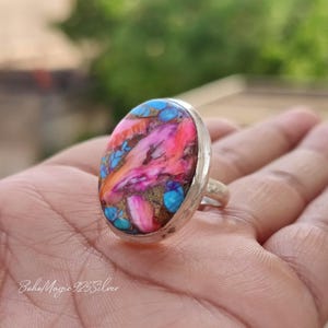 Genuine Pink Copper Turquoise Ring || 925 Silver Ring || Spiny Turquoise Ring Jewelry || Multi Color Stone Ring || Woman Handmade Gift Ring