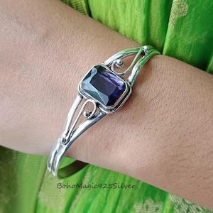 Amethyst Cuff Bangle Bracelet, Sterling Silver Bangle, Adjustable Bangle Bracelet, Women Gift Bangle Bracelet, Handcrafted Gemstone Jewelry