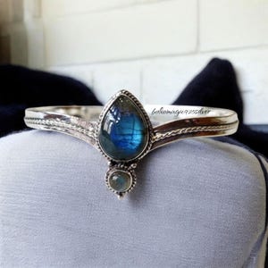 Natural Labradorite Bangle | Teardrop & Round Labradorite Bracelet | Unique Gift Bangle For Women | Fire Labradorite Sterling Silver Bangle