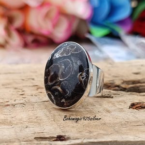 Handmade Turritella Agate Ring | Sterling Silver | Unique Fossil Agate Ring | Artisan Crafted Statement Ring | Silver Stone Wide Band Ring